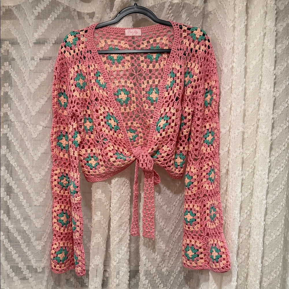 Pink Lily Small Pink Crochet Tie-Front Cardigan with Teal Accents